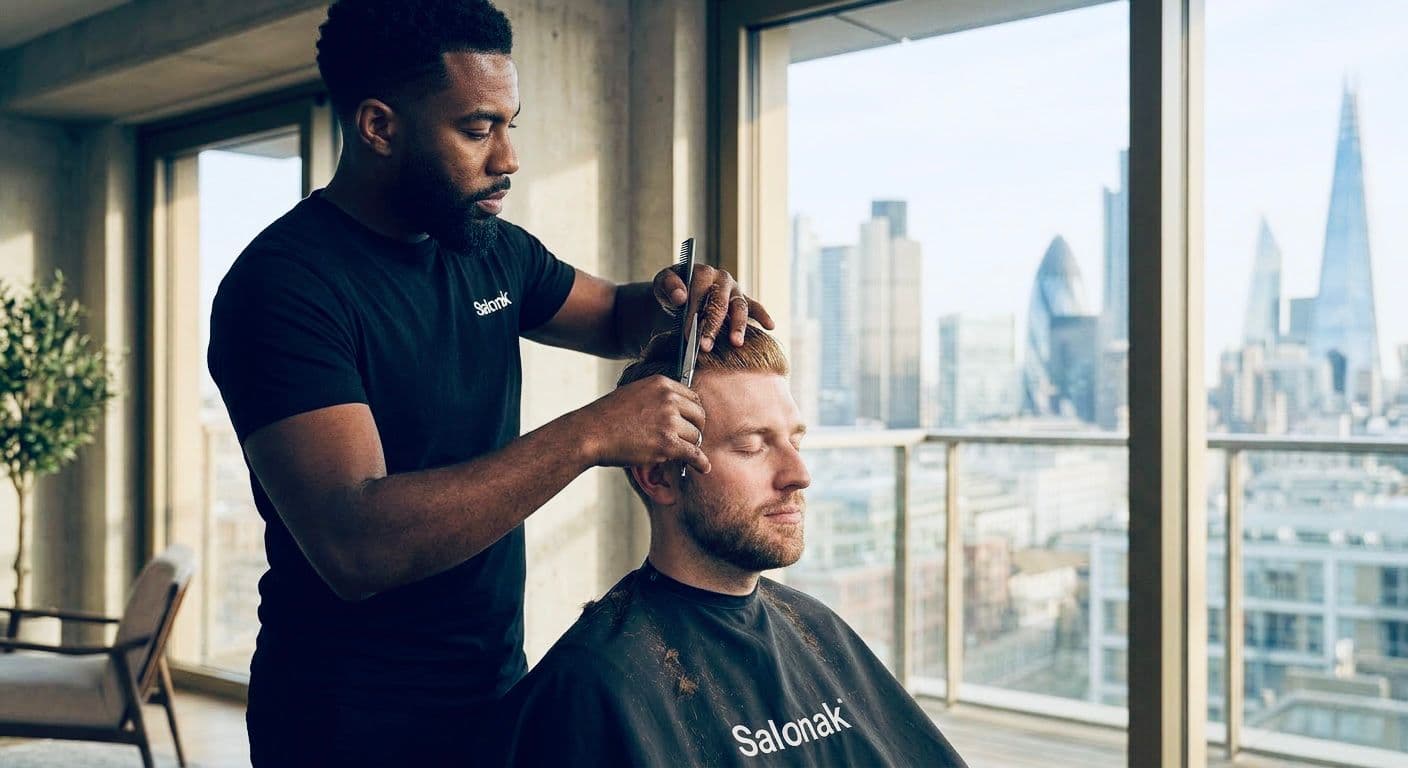 Salonak mobile barber cutting hair at home with London skyline