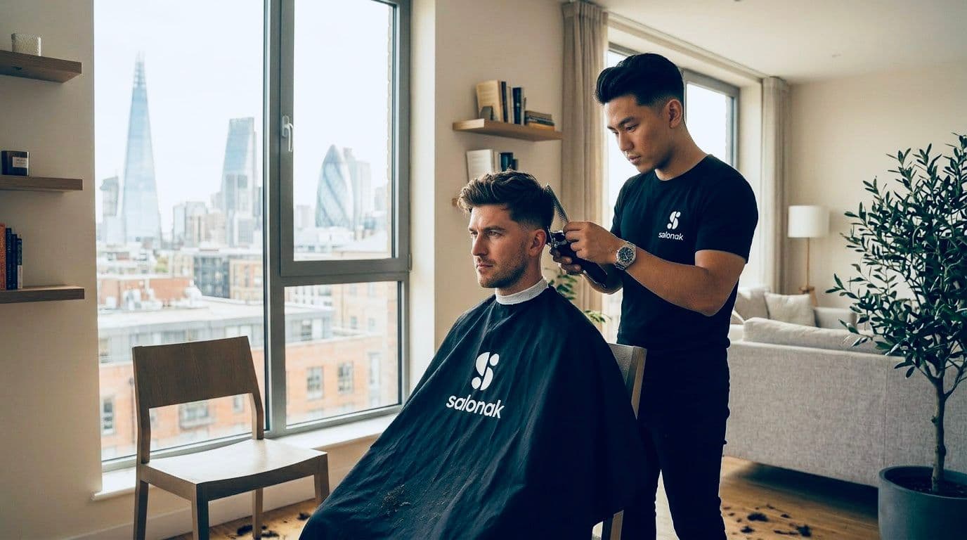 Salonak barber giving haircut at home in London with city skyline
